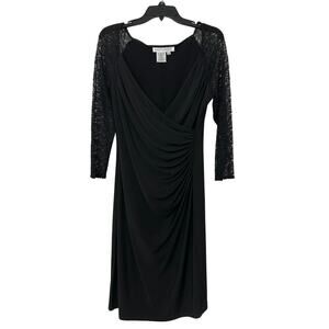 Maggy London Black Jersey Knit Ruched Fitted Crochet Lace V Neck Dress Size 12